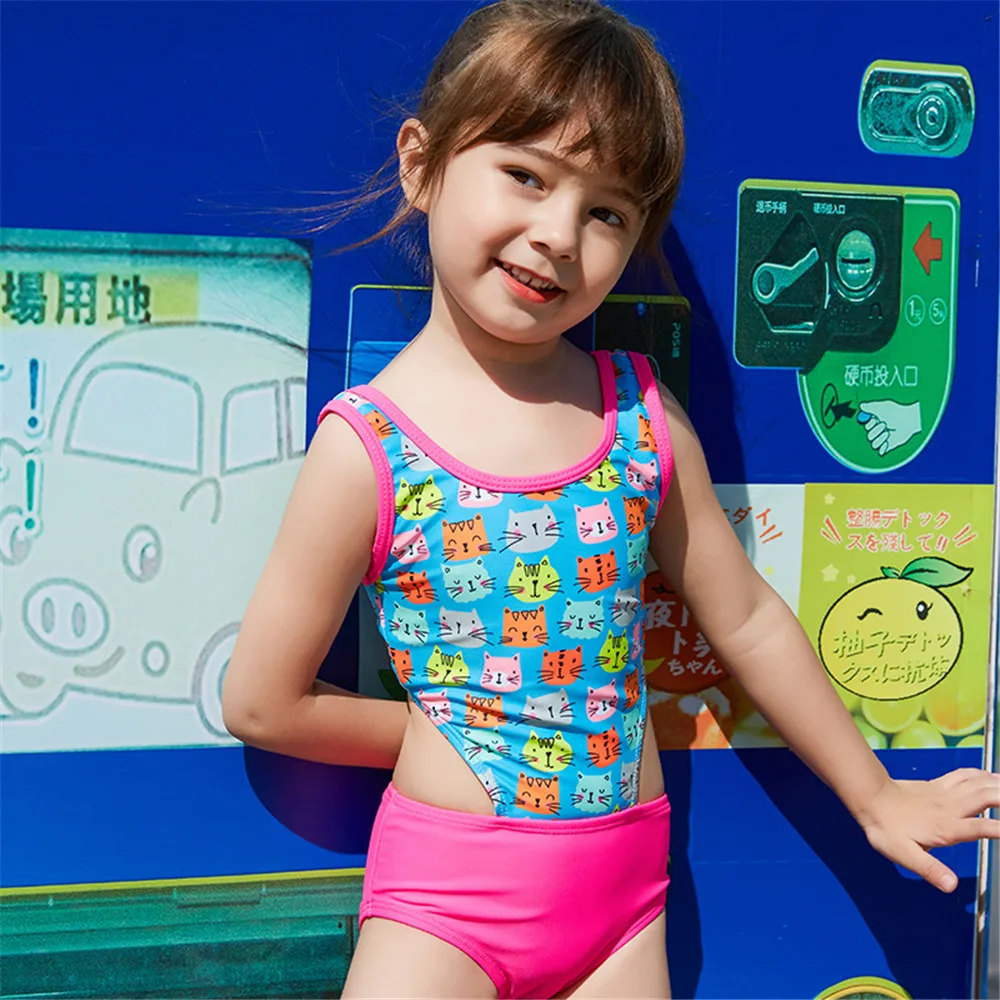 Kids swimwear cartoon cat cute print girls swimsuit kawaii one piece beachwear bathing suit high cut monokini for children