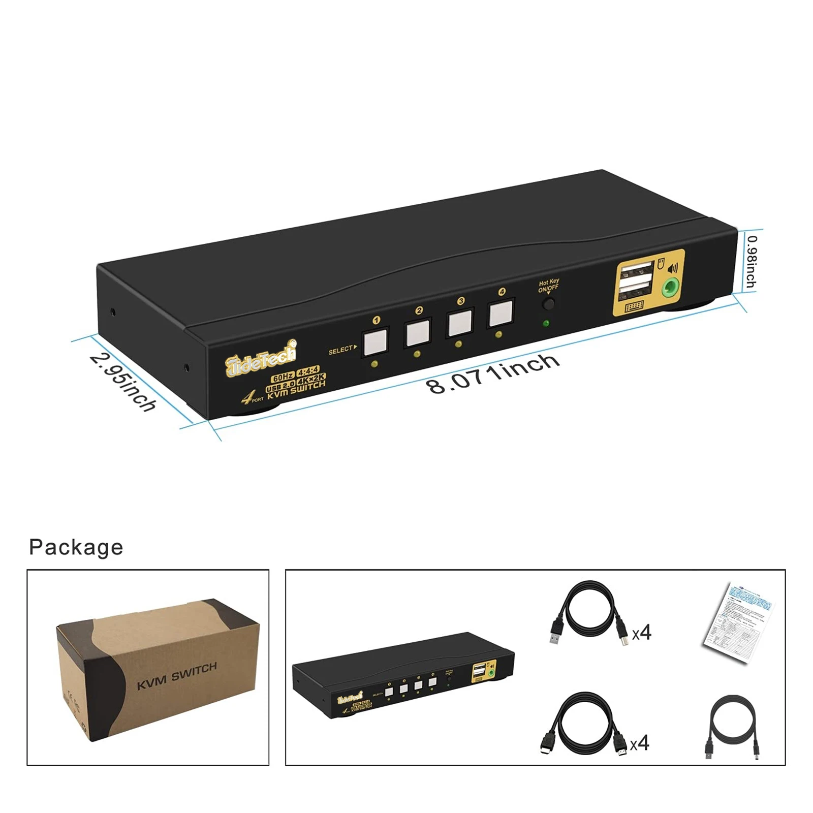 JideTech 4-Port KVM HDMI Switch with Audio USB Interface 4Kx2K@60Hz Kit Cables