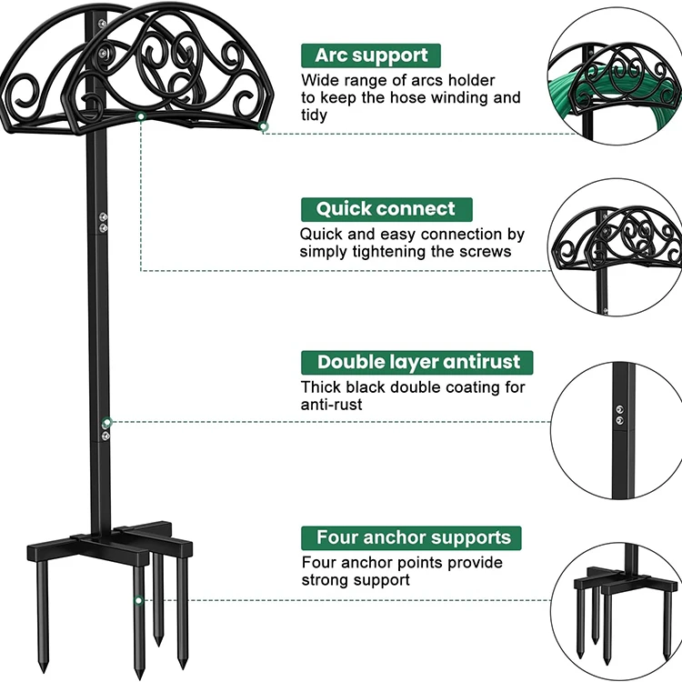 JH-Mech Water Hose Holder with 4 Spikes Widely Used Heavy Duty Detachable Freestanding Garden Hose Holder
