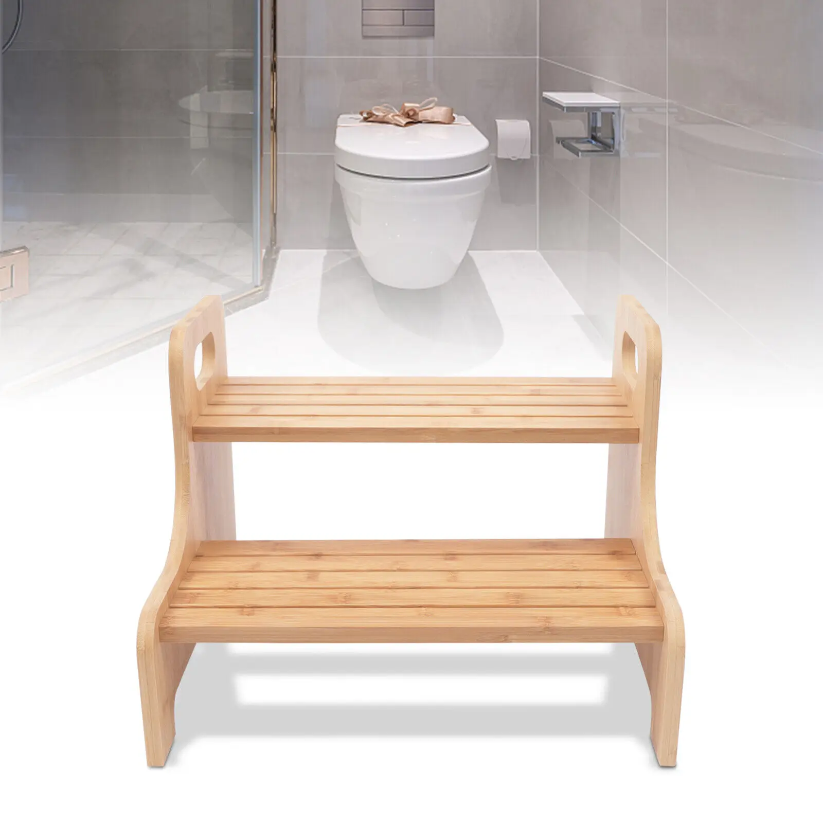 New Style Durable 2 Tier Custom Bamboo Footstool Wooden Chair Kid Ladder Step Stool