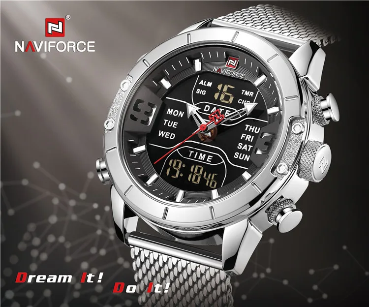 Часы наручные NAVIFORCE Мужские кварцевые, роскошные Брендовые спортивные цифровые темно-синие в стиле милитари, 9153