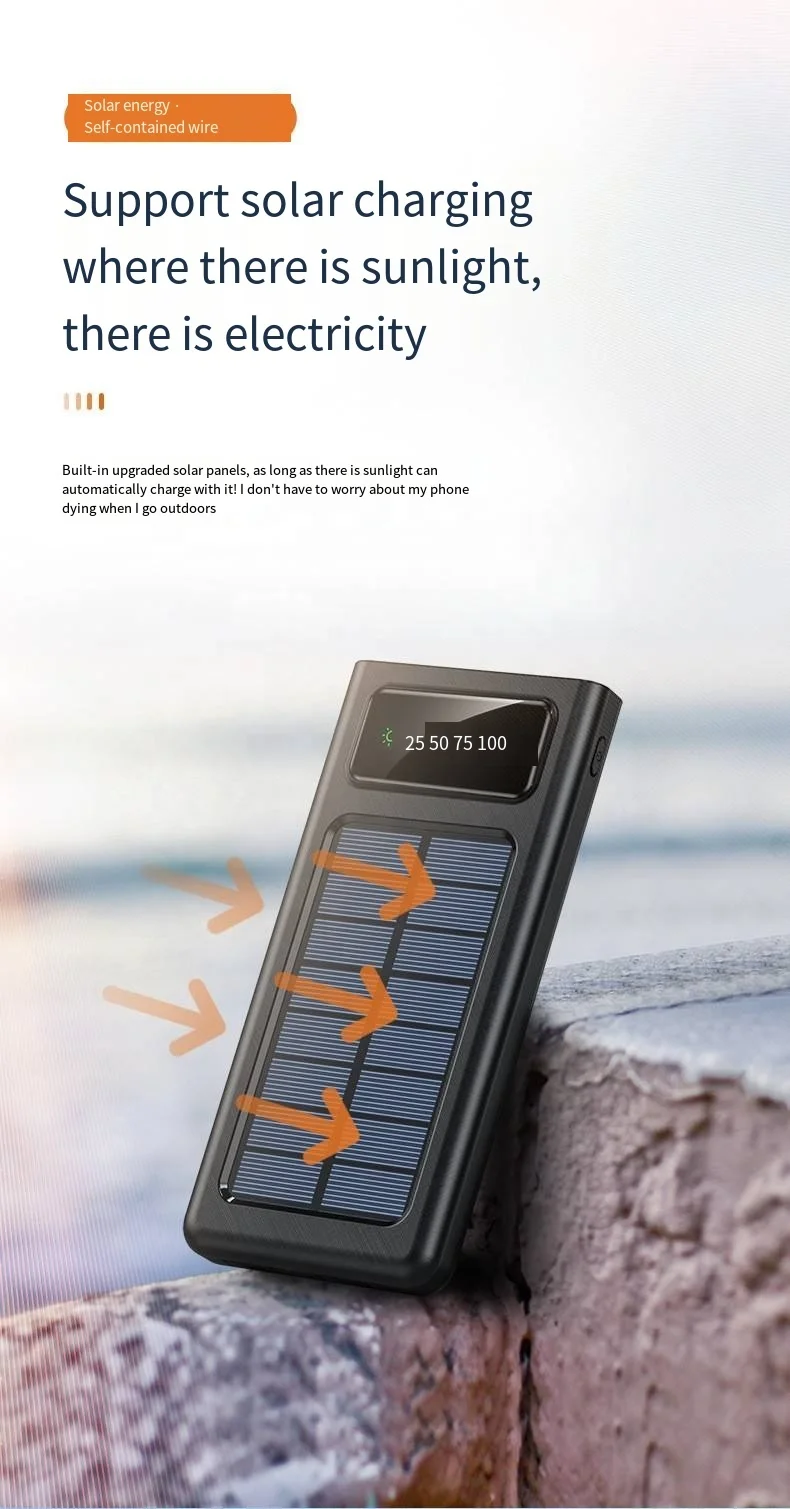 Portable Charger Solar Power Bank 30000mah Built-in 4 cables Dual USB  with LED Flashlight for Outdoor Travel