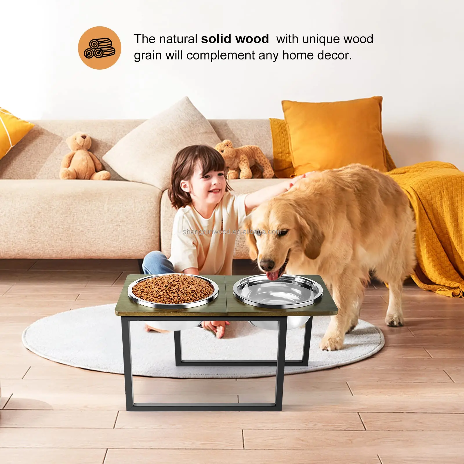 Elevated Stainless Steel Pet Food Water Bottle 2 Bowls Dog Feeder Pet Feeder Wood X-Large Dog Raised Dog Bowl Stand