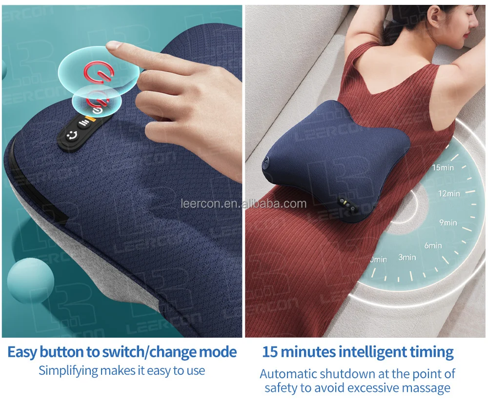 Leercon smart waist square shiatsu travel wireless deep kneading throw pillow back u-shape travel neck massager pillow