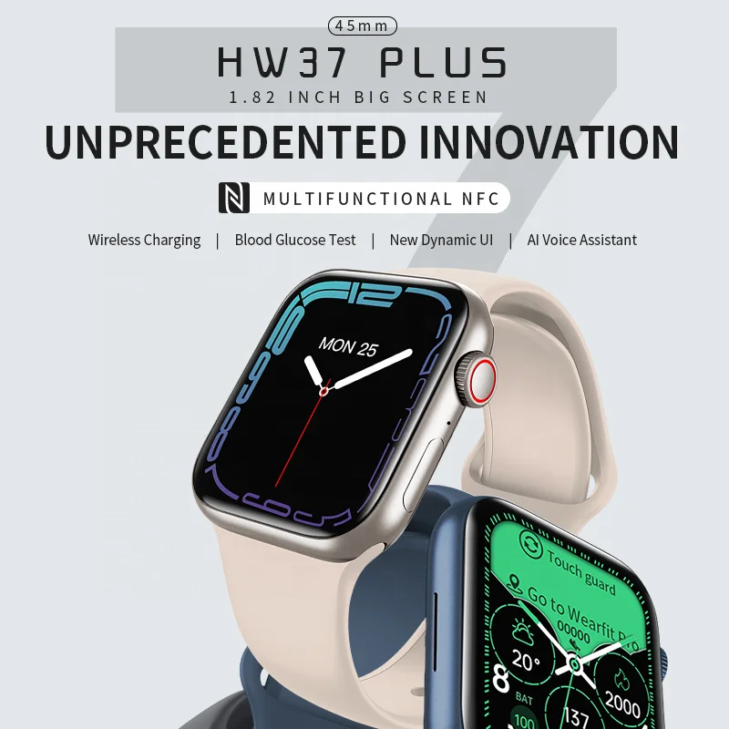 New 320*380 resolution hd 1.82inch center effect no black edge 3.5D curved large screen 230 mAh capacity hw37plus Smart Watch