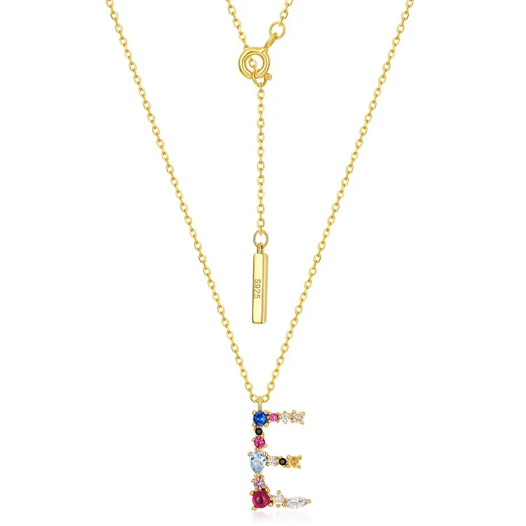 European and American Style Rainbow Letter Necklace 925 Sterling Silver Initial Necklace with Colorful Cubic Zirconia