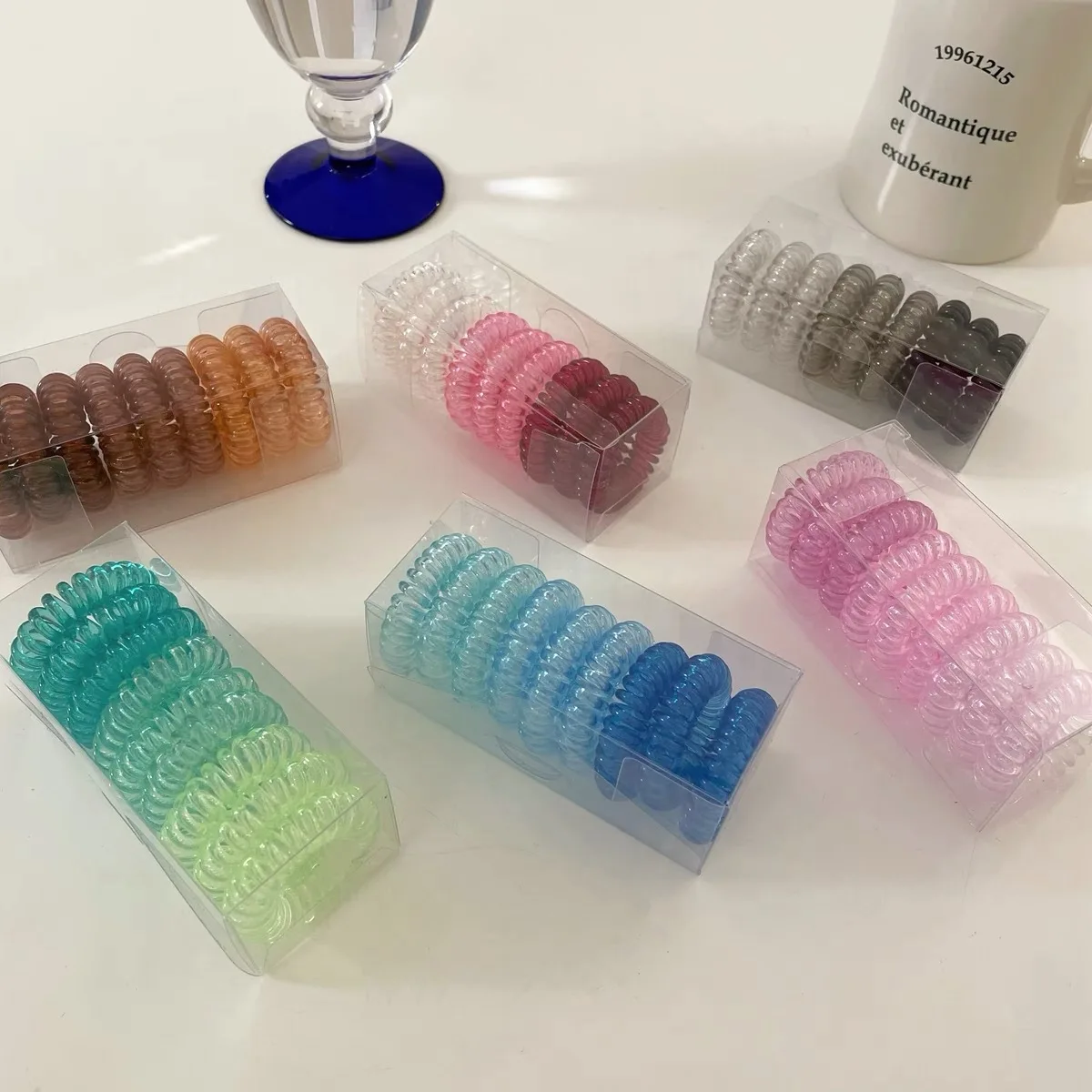Factory Wholesale 9pc/pack lucency elastic telephone cord spiral hair ties coil plastic hair band headband