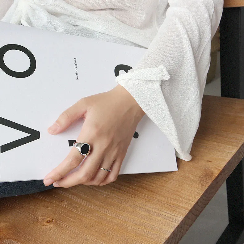 New Trendy Vintage Black Epoxy Oval Wide-faced ring 925 Sterling Silver Open Adjustable Rings For Women