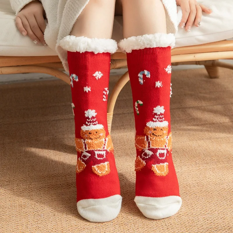 winter customized women warm indoor floor socks thermal non slip fur slipper socks  thick fuzzy  natural gingerbread dough socks