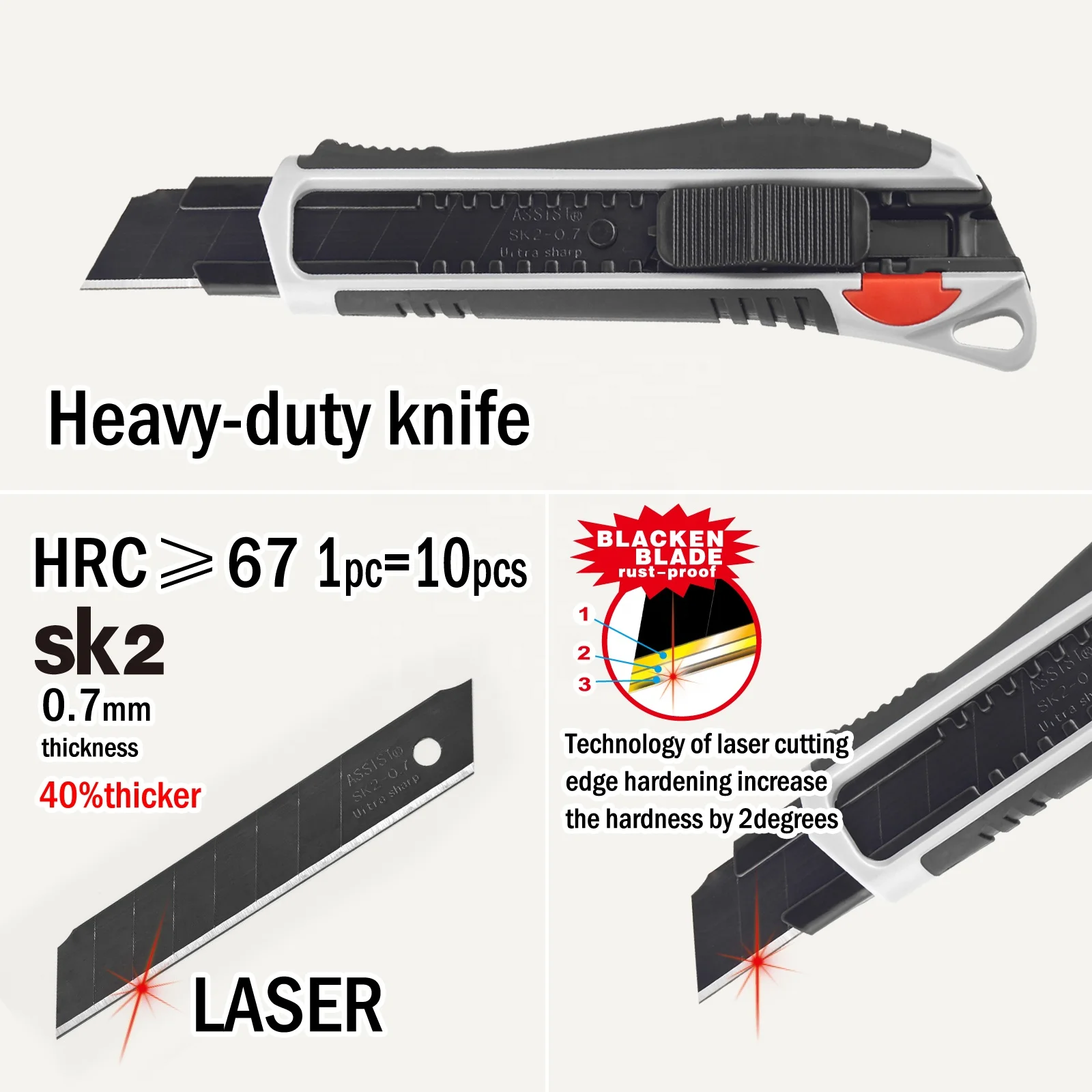 ASSIST Snap Off Heavy Duty 18mm Utility Knife Box Cutter 25kgs Locking force with  SK2 High-Carbon Steel Black Premium