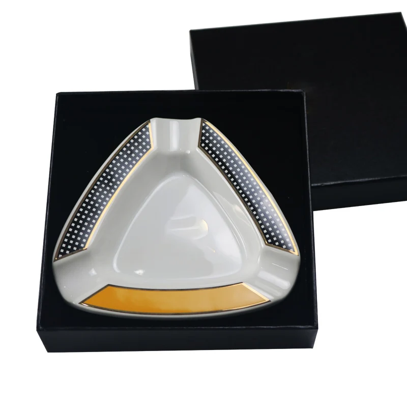 Wholesale Handmade Triangle White Cigar Ashtray Custom Logo Porcelain Stoneware Hotel Office Ash Tray  Ceramic Ashtray