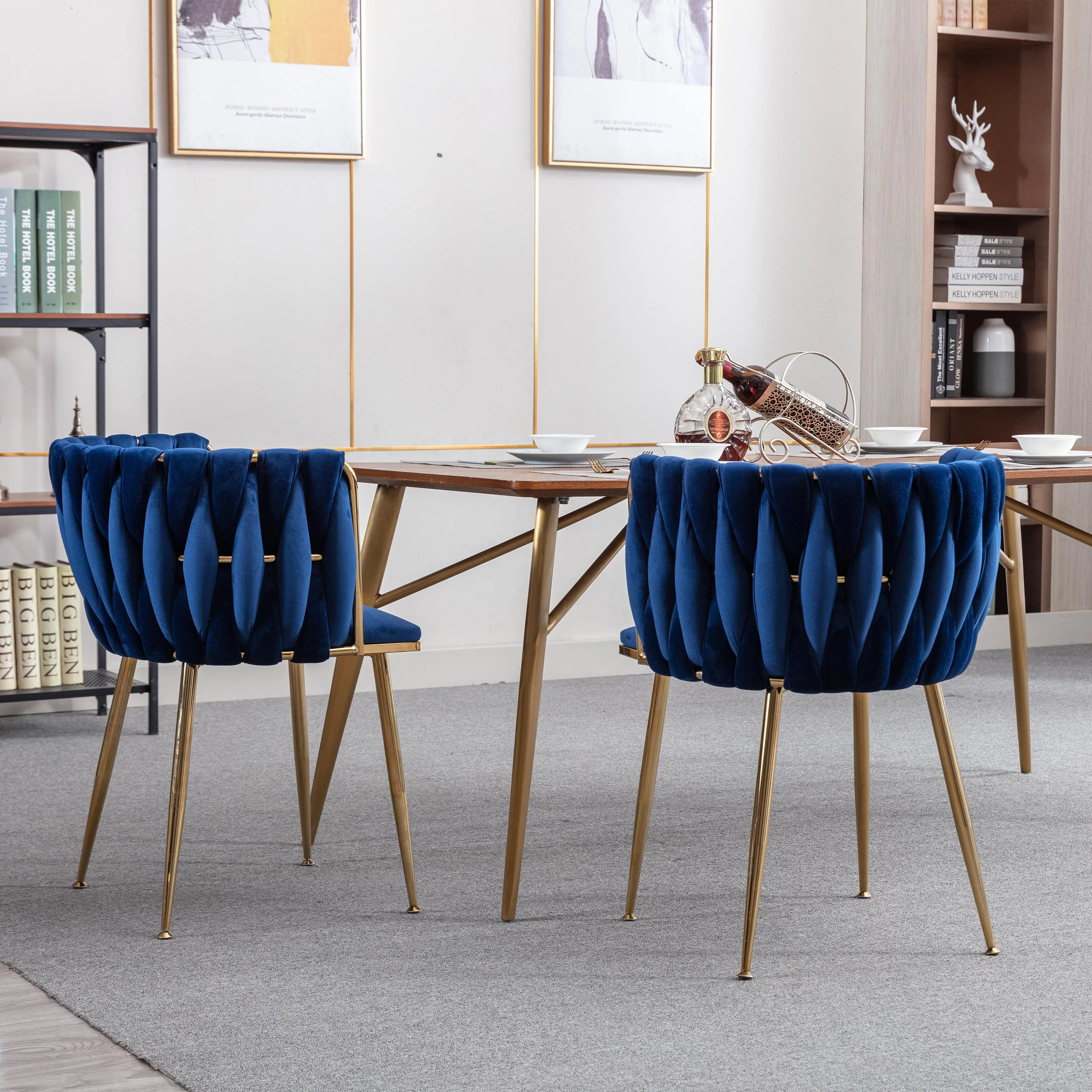 2024 Modern Luxury Velvet  Nordic Dining Table Room Cafe Chairs for Dining Table Modern Luxury  with Gold Chrome metal legs