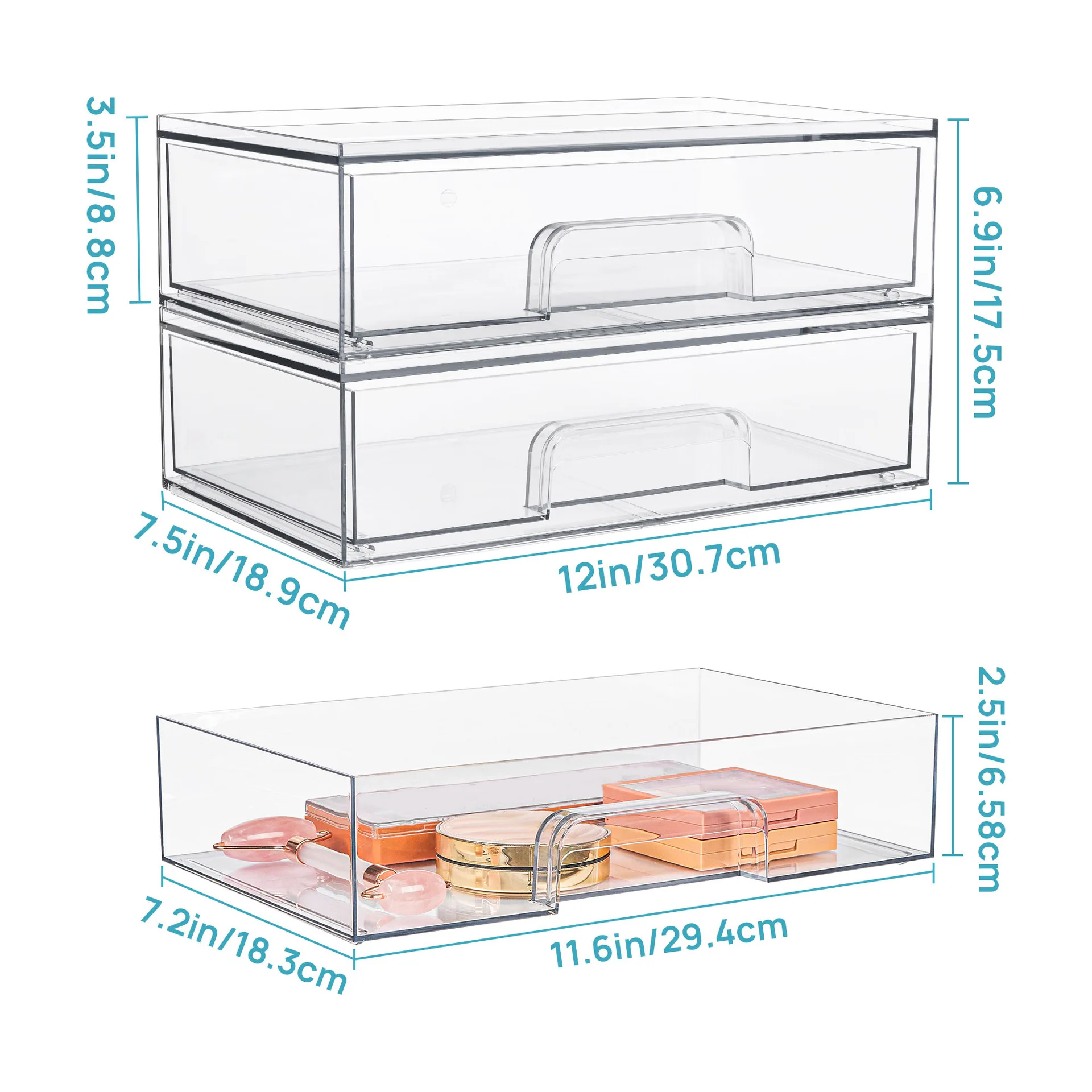 Clear Acrylic Makeup Organizer Drawers Stackable Plastic Storage Box Bins for Vanity Undersink Kitchen Cabinets Pantry