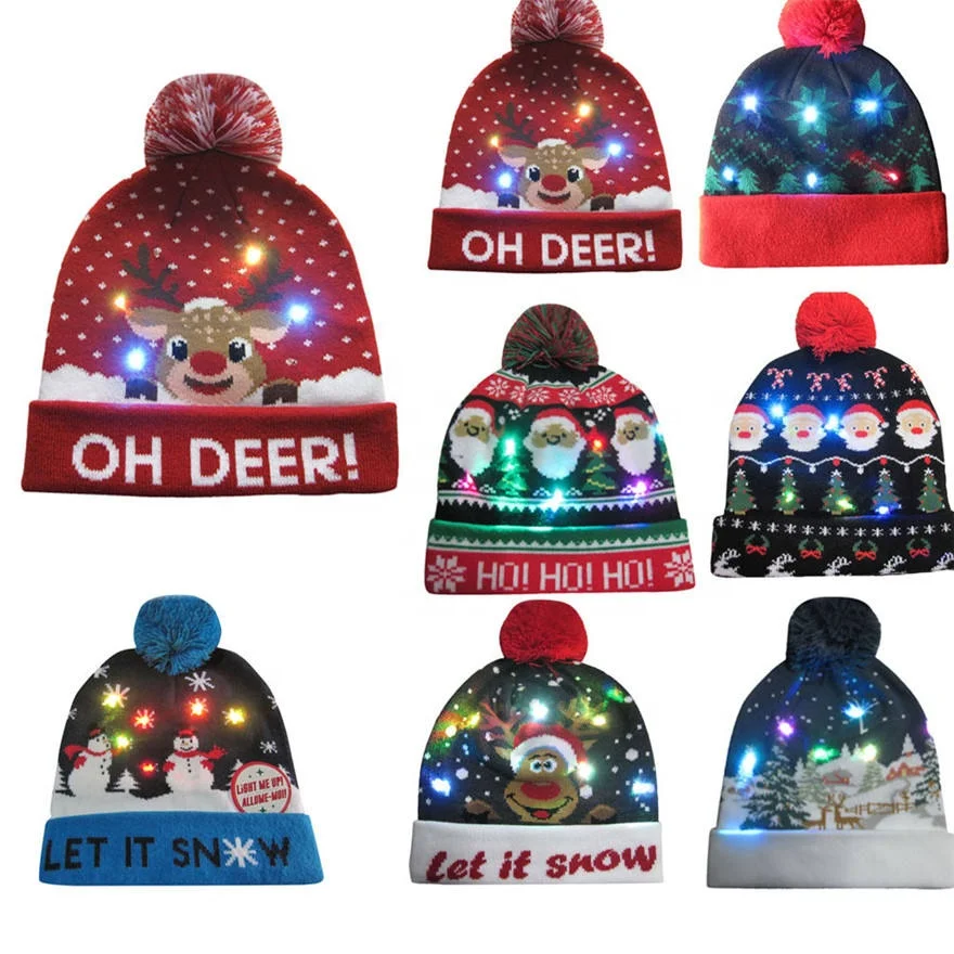 Manufacturer Fancy New Year Winter Festival Xmas Party Supplies Pompom LED Light Up Knitted Beanies Christmas Hat for Kids