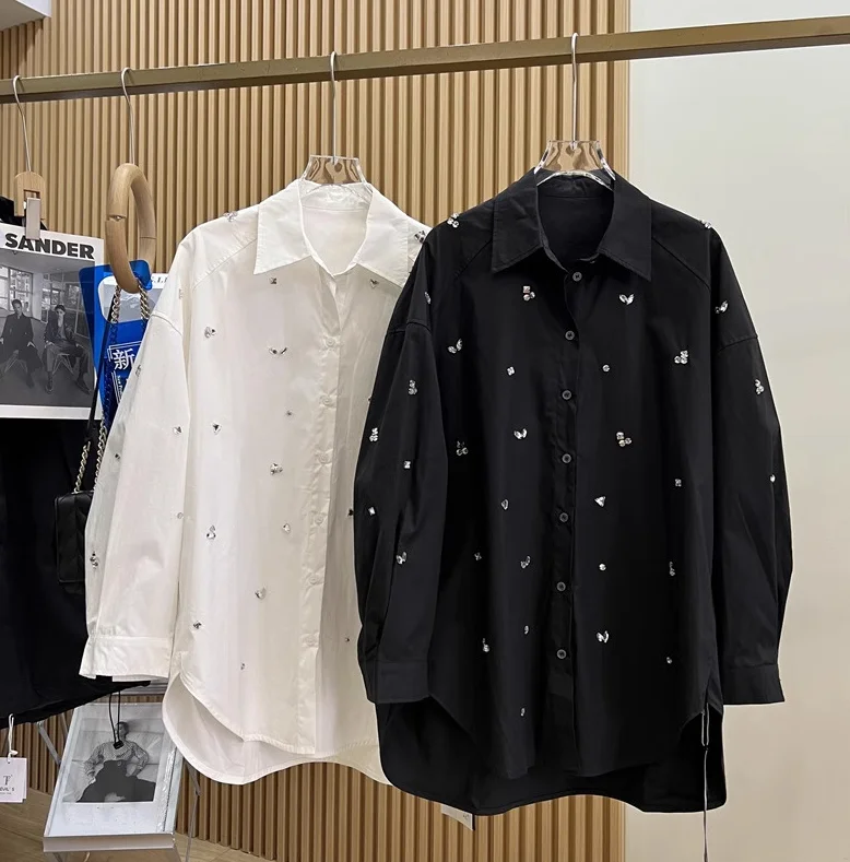 Korea style loose fit shirt blouse new trendy long sleeve lapel tops office white shirts with crystal fashion luxury polo shirts