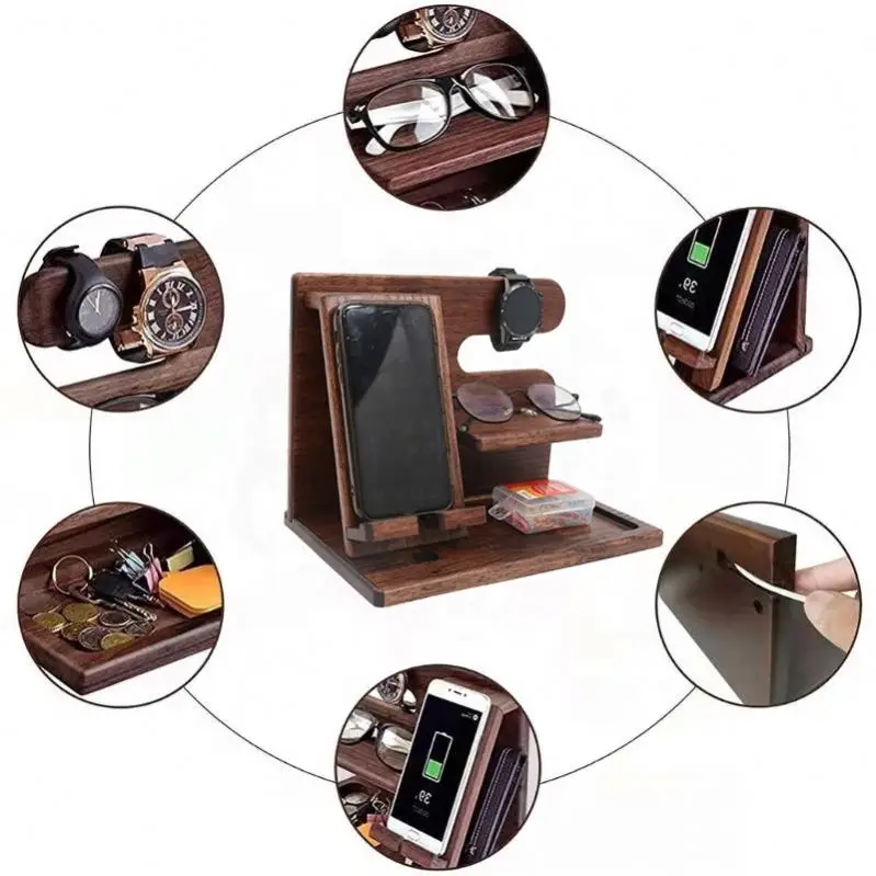 Handmade Wood Phone Stand Wallet And Watch Organizer With Key Holder Wooden Phone Docking Station For Men