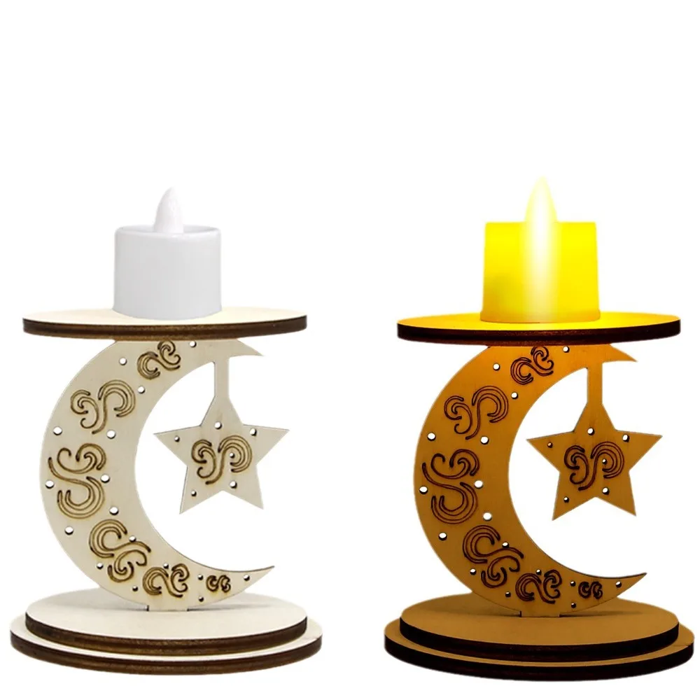 Eid Mubarak Arabic Candle Holder Wood Moon Decor for Home Ramadan Gift Islamic Candle Stand