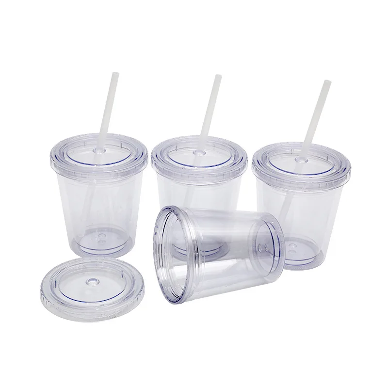wholesale 12Oz transparent snow globe skinny acrylic tumbler with lid and straw clear PS plastic cups double wall simple modern