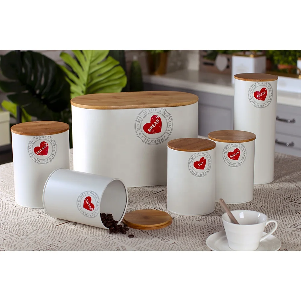 Kitchen Counter Metal Bread Bin and 5pcs Airtight Tea Coffee Sugar Canister Set