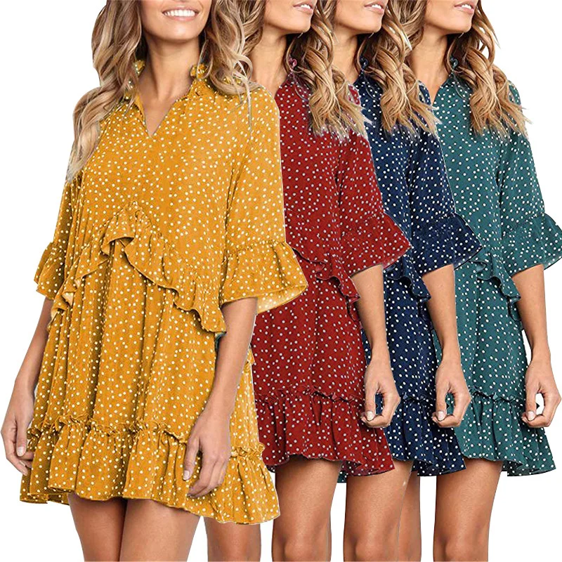 
2021 New summer hot sale dot joint mid sleeve ruffle short Chiffon dresses women fashion 