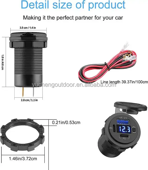 12-24V PD & QC3.0 USB Charger with LED Voltmeter Fast Car Charger Socket Outlet