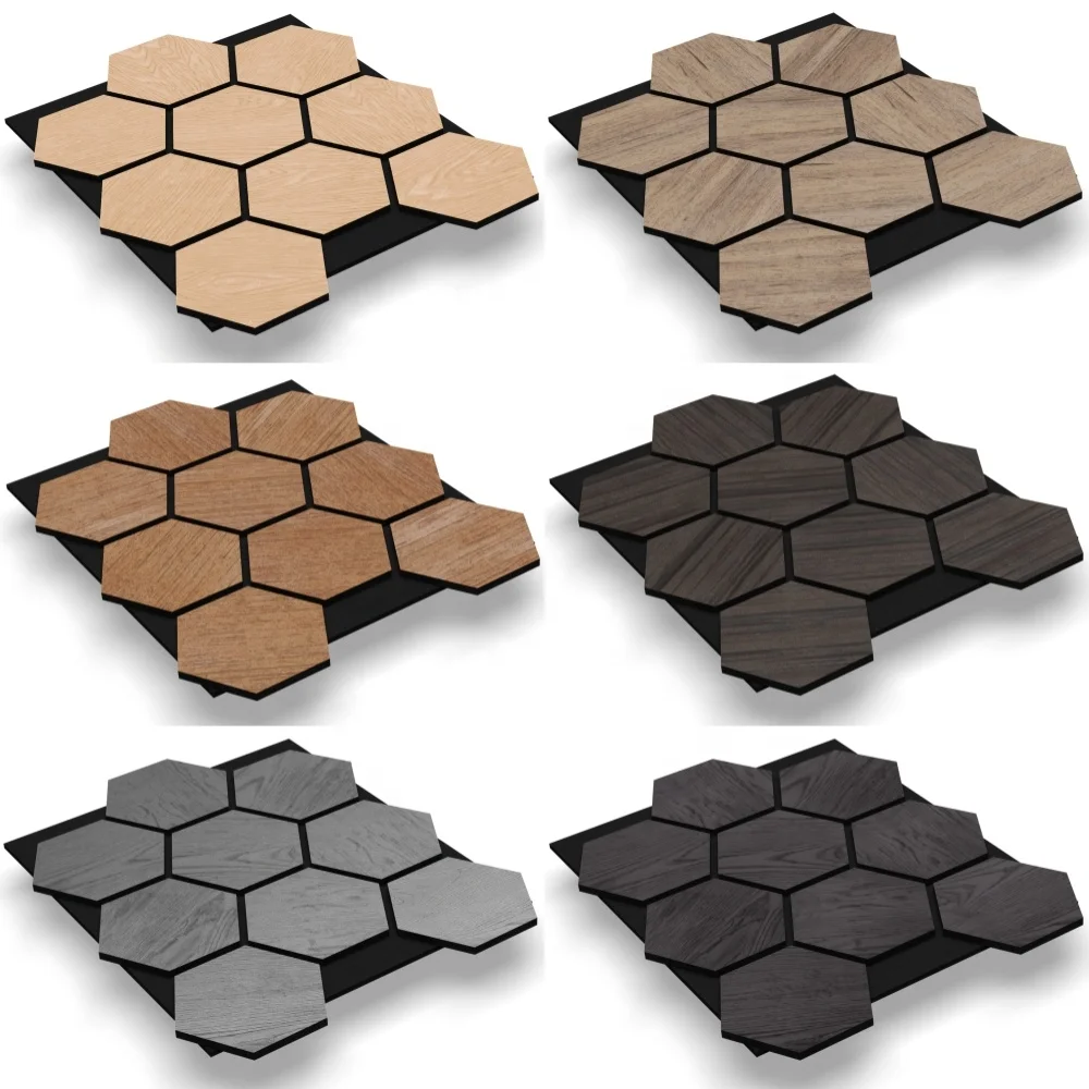 Easy To Install Honeycomb Wood Wall Panels Akupanel Hexagon Wood Slat Acoustic Panel on Black Polyester Fiber Acoustic Panel