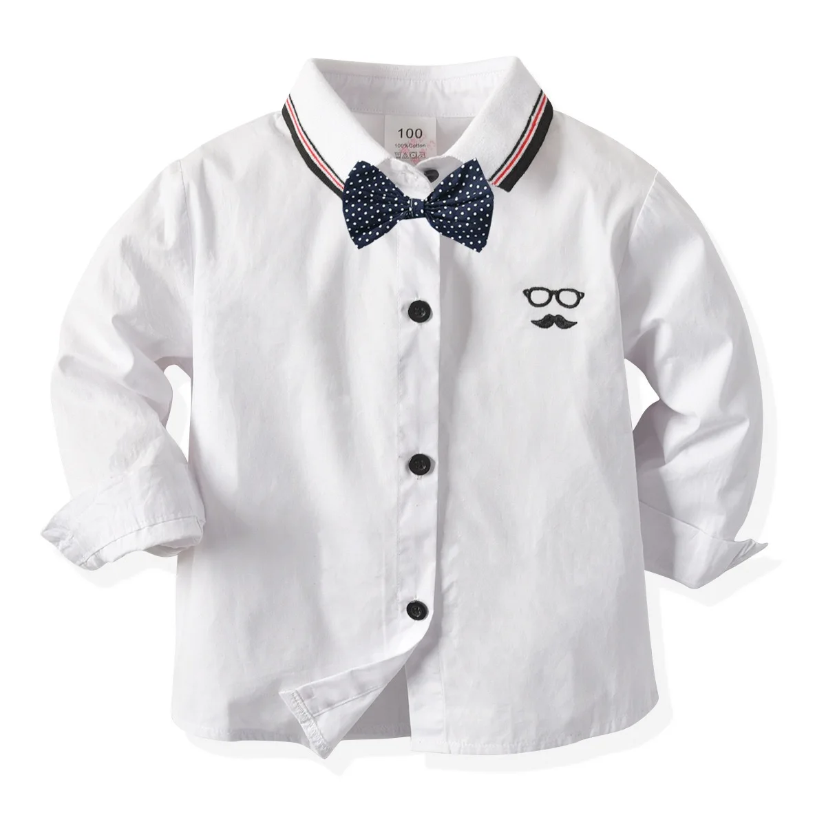 Casual White Embroidery Long Sleeve Tops Baby Boys Kids Shirt with Bow Tie
