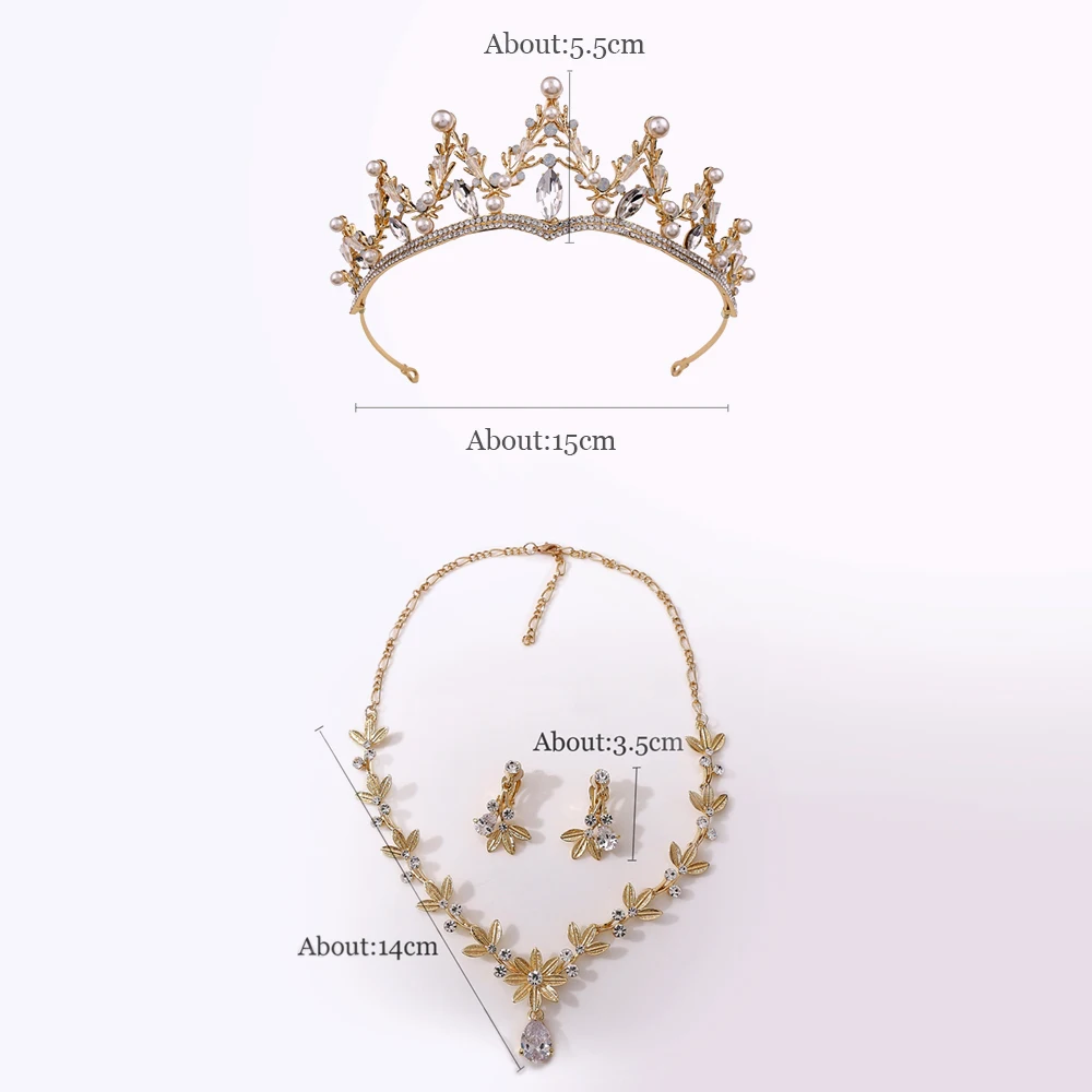 Korean boxed crystal pearl flower bridal wedding crown necklace earring headpiece set Girl golden alloy hair accessories