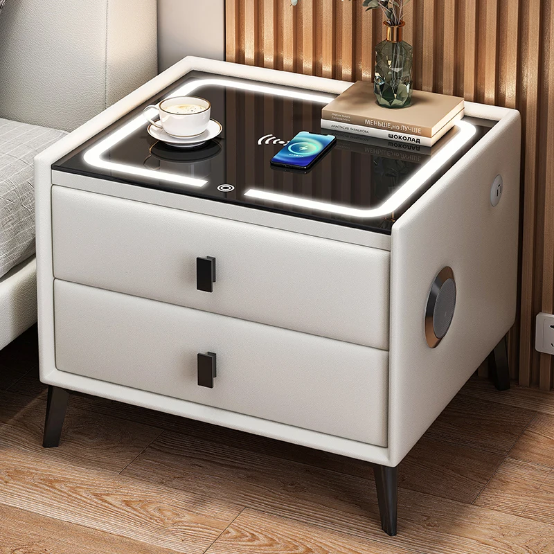 Multifunctional smart wood bedside table with led light wireless USB charger and speaker wooden desk and nightstand organizer