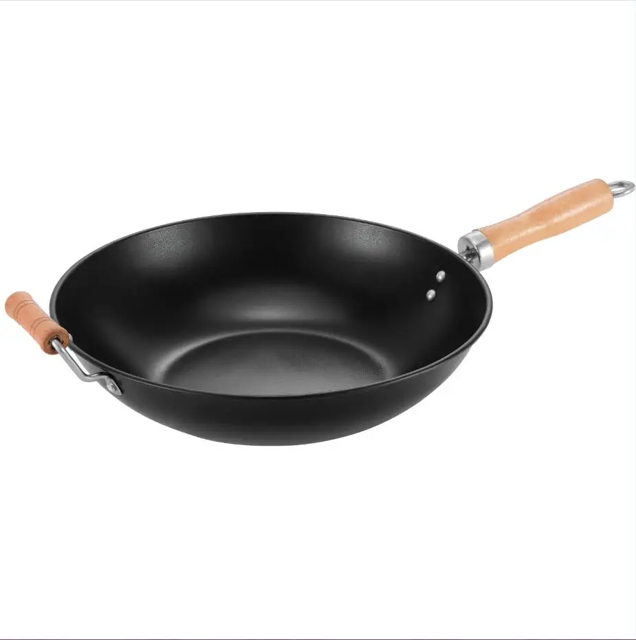 Traditional Handmade 100% carbon steel Wok Thickening Non Coated Round Bottom Pan Wok Cook Large Cooking Pot Wood Handle Lid