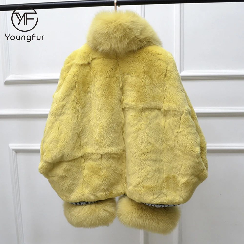 Winter women warm parka real rex rabbit fur lining jean coat with fox fur sleeve cuff black denim jacket