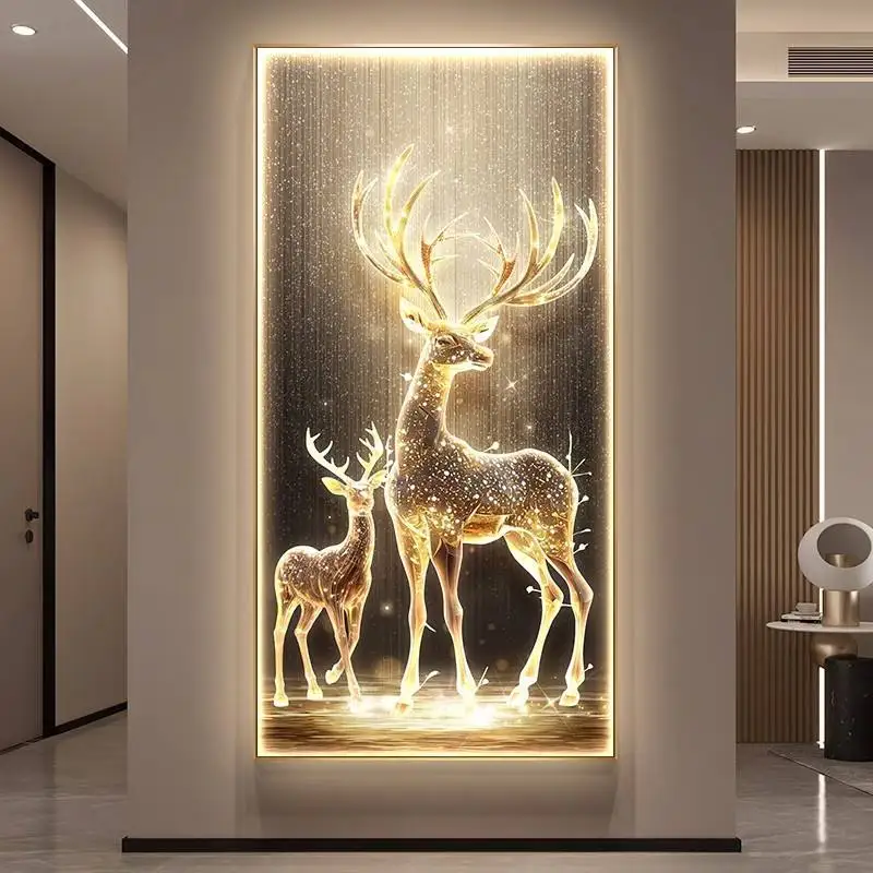 Modern decoration luxury custom led light animal deer artwork led crystal porcelain painting wall art