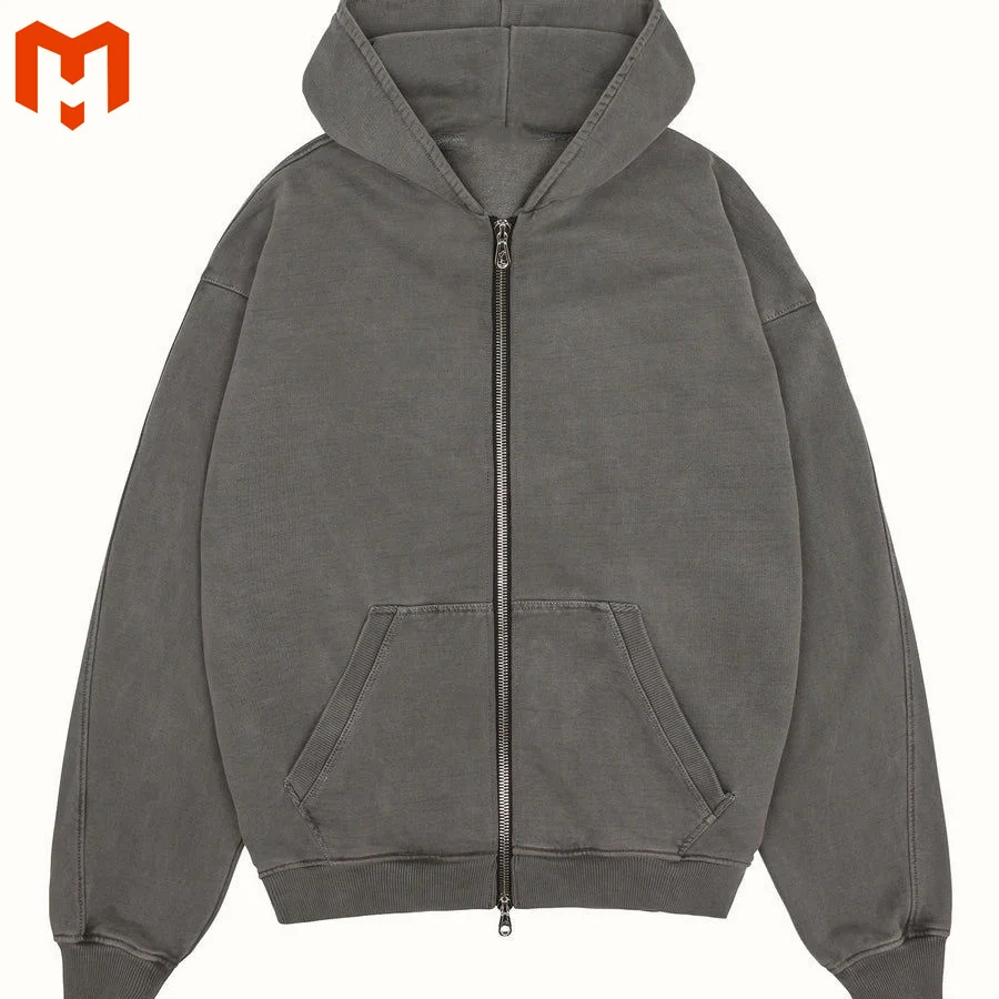 Men Customized OEM High Quality Custom Fleece Acid Washed Full Zipped Jacket Men Long Sleeve Double Side Zipped Up Hoodie