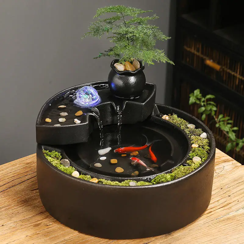 Fengshui Black Ceramic Zen Water Fountain Desktop Waterfall Fountain Water Fish Tank Cat Fountain Gift