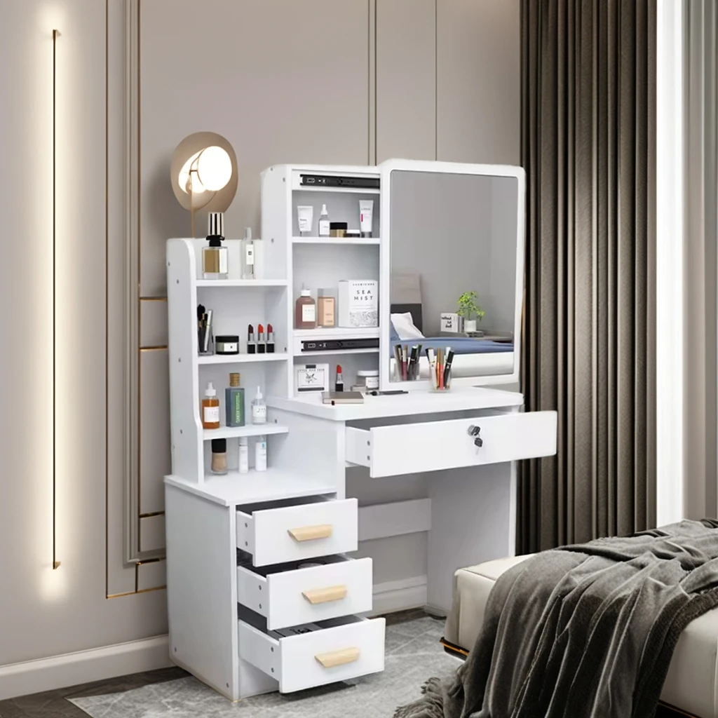 customized modern design mdf makeup wooden table girls dressing table makeup vanities with sliding mirror and drawers