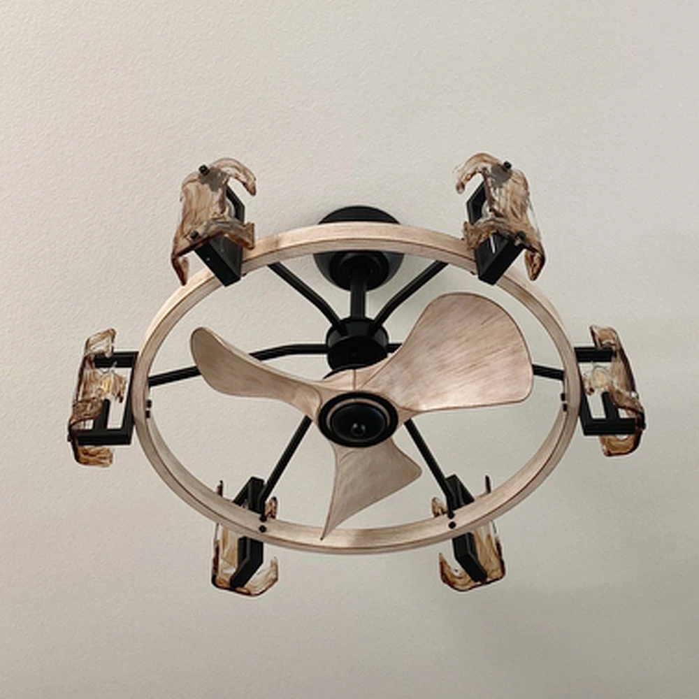 Modern Simple Luxury Vintage Retro Rustic 110 220 Volt Cage Caged Chandelier Light Ceiling Fan With Remote