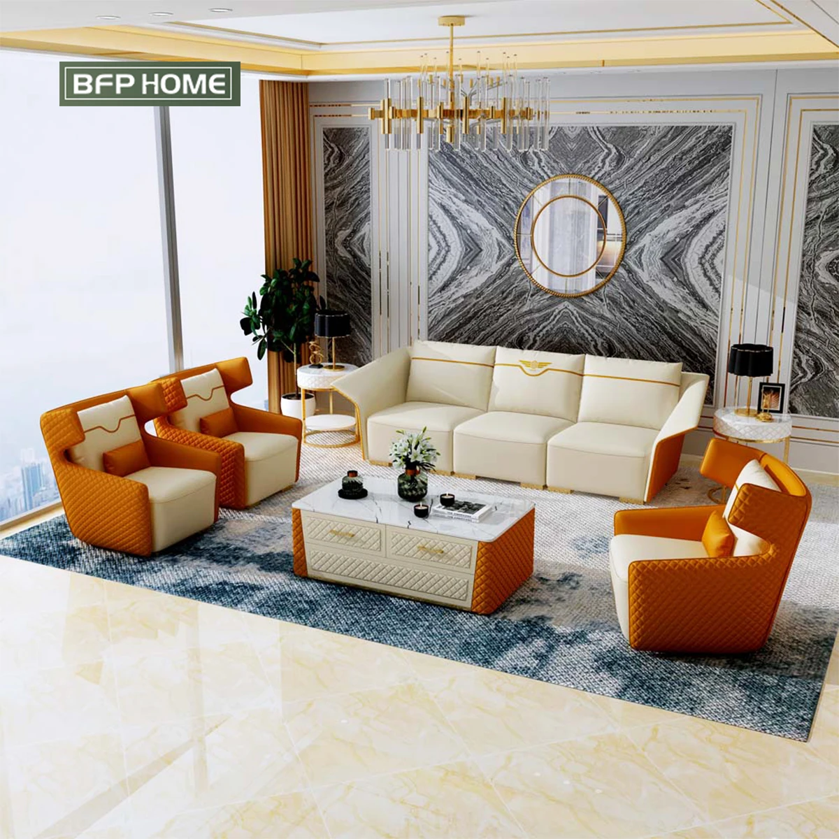 Modern Luxury Style Orange Sofa Set Designs Genuine Leather Sofas Set Furniture  Simplicity Living Room Sofa