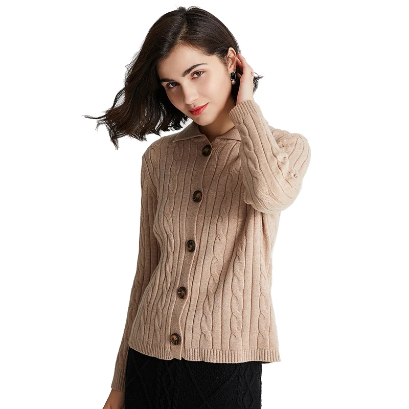 Fashionable Polo Neck Cable Knit Womens Knitted Sweater Cardigan factory