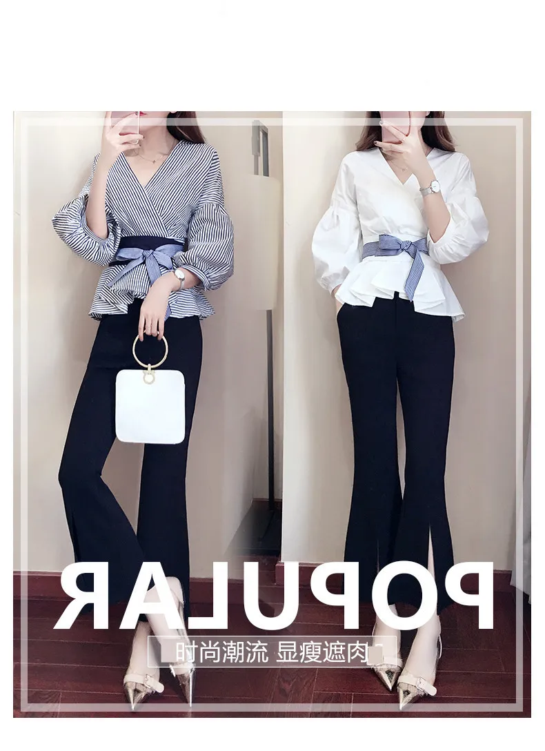 Women Korean Summer Office 2 Piece Set V-neck Lantern Sleeve Bow Striped Blouse Shirt + Split Pencil Flare Pant SET 15%