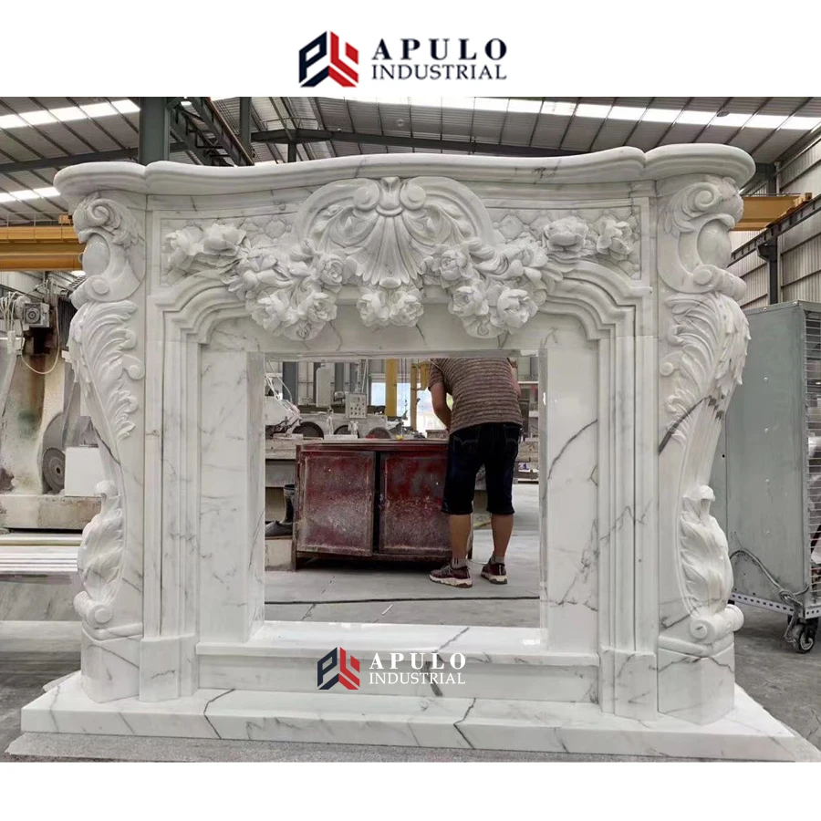 Two Tiers Natural Stone Carving Cultured Surround Black White Beige Electric Marble Slab Fireplace Mantel Griotte With Cherub