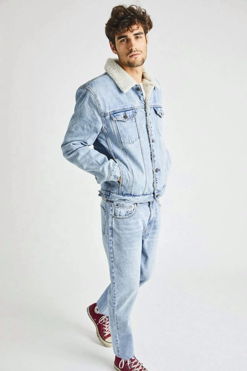 High quality Plain Washed mens sherpa fleece denim jeans jacket