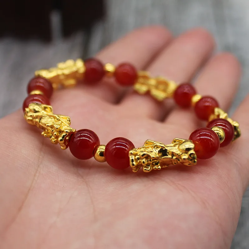 8MM Classic Elastic Gold Plated Pixiu Black Obsidian Shungite Bracelet Colorful Glass Beads Pixiu Lucky Bracelet