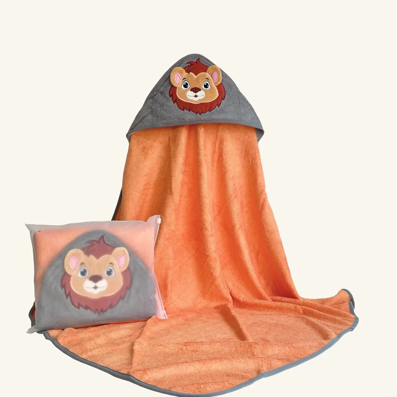 Liahren wholesale 500GSM zipper bag-packed eco-friendly bamboo bath poncho towel lion design bamboo hooded towel for child