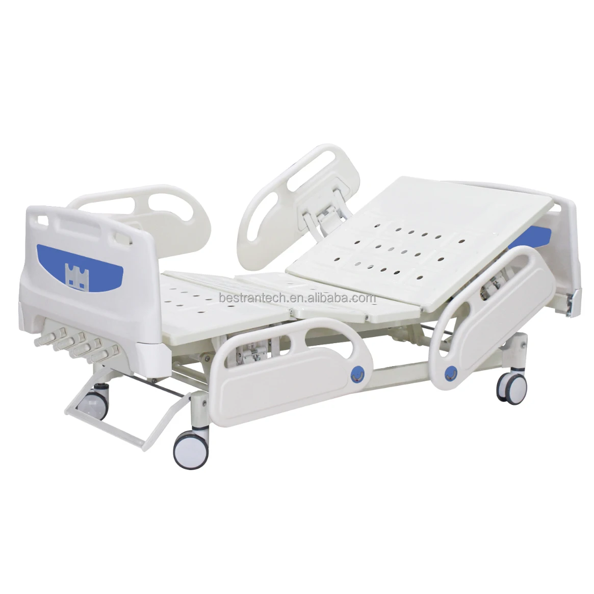 BT-AM126 Steel big PP side rail with folding over bed table central locking hospital 3 function manual medical bed
