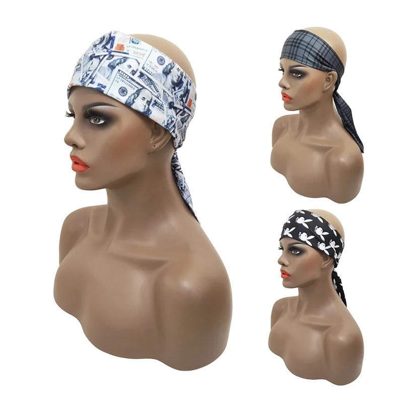 Wholesale satin velvet designer head scarf silky polyester head wrap Headband wave cap bonnet durag head tie