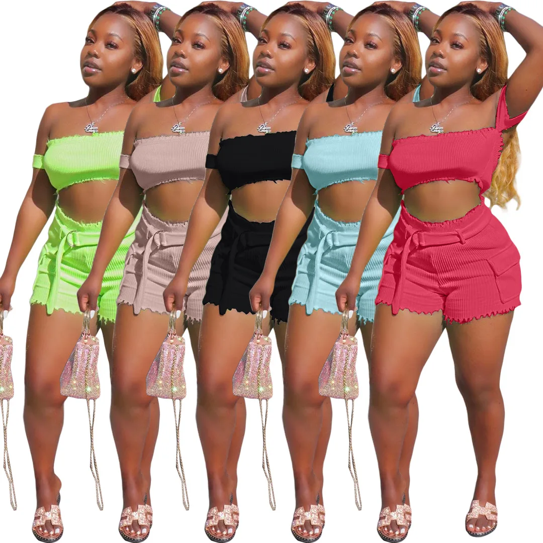 Fluorescent cargo sets with crop tops boat neck sexy belted pants women with pocket stylish x small women clothing 2 piece set
