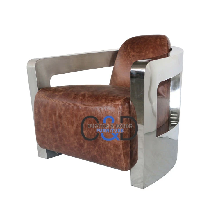Новый дизайн, винтажное кожаное кресло с металлической рамой из нержавеющей стали