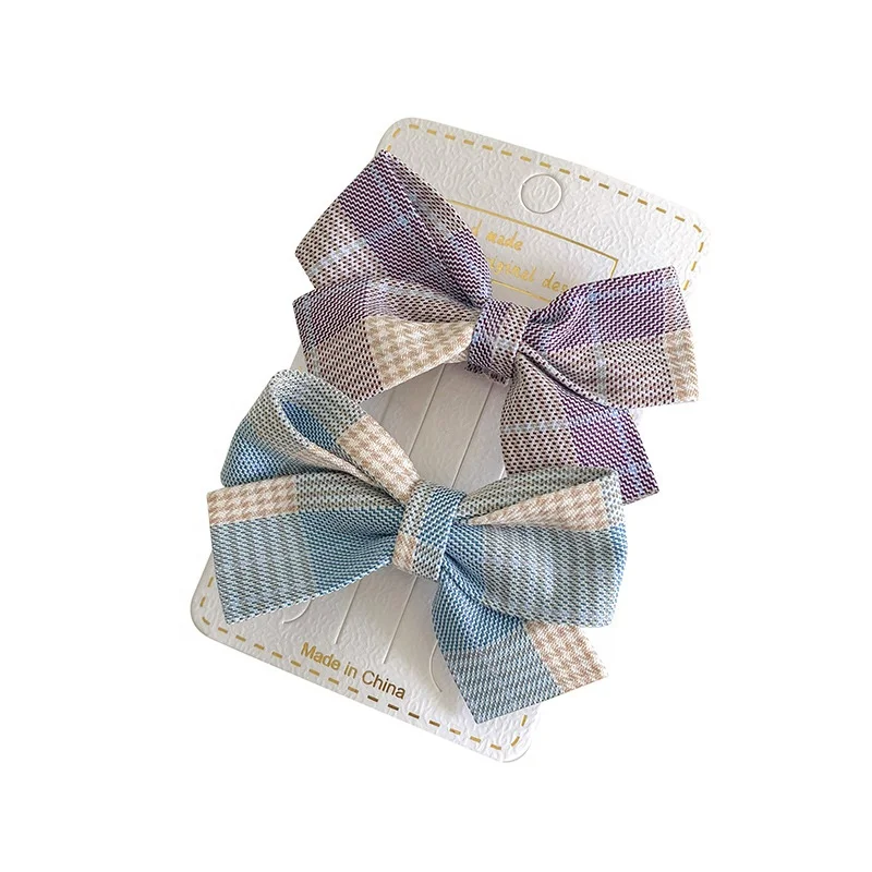 Fashion Kids Cute lace bow Hair Accessories check fabric metal duckbill clips Sweet lovely plaid hair bow clip