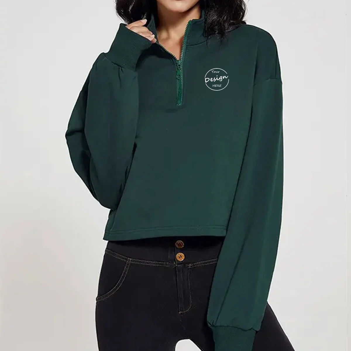 Quarter Zip Long Sleeve Solid Colour Sport Pullover Hoodies Women Organic Cotton Korean Style Sweatshirt