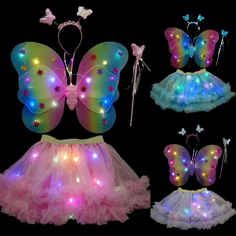 Shingel Party Performance Costume Kids LED Butterfly Wing Baby Girl Fairy Dress with Butterfly Wings